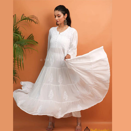 White Muslin Masakkali Tier Gown Lucknowi Chikankari